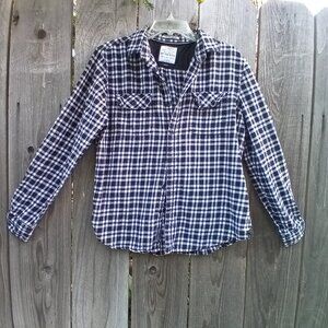 On The Road Shirt Junior Unisex Sz L Plaid Button Slim Flannel Pockets Collared